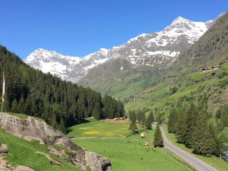 Das grüne Pfelderer Tal im Sommer mit verschneiten Gipfeln